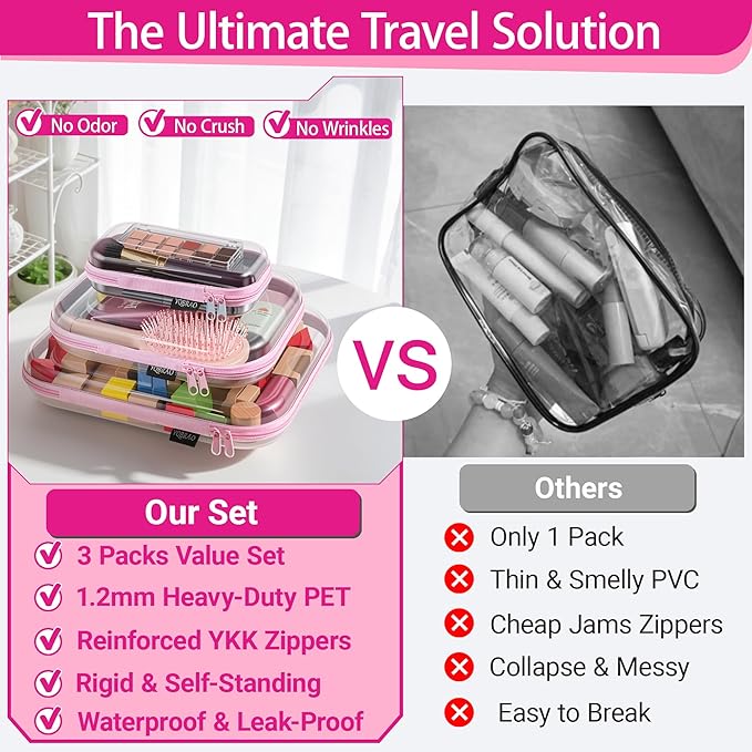3 Pack Hard Sided Clear Zipper Case for Storage- Thickened-Grade Clear Hard Shell Zipper Case for Organizing Bead, Handicrafts, Sewing, Playdoh (Pink, LMS)
