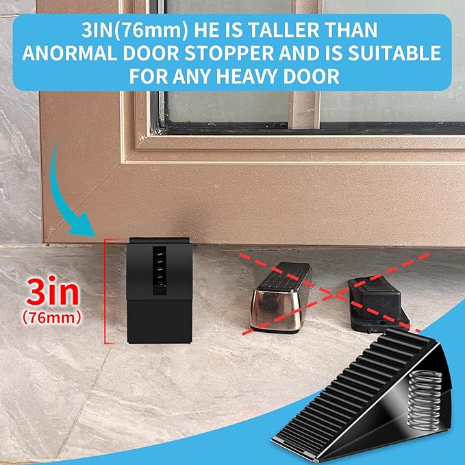 Strongest Door Stoppers for Bottom of Door- Spring Heavy Duty Door Stop Wedge, 3 Inch High Adjustable Metal Rubber Large Doorstop Strong Grip, Suits Carpet, Tile, Home, School, Commercial
