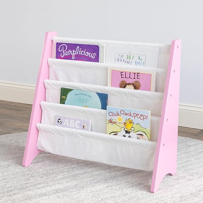 Humble Crew 4-Tier Kids Bookshelf, Pink/White - Premium Book Shelf for Kids Rooms with Four Deep Pockets - Toddler Sling Book Rack with Deep Sleeves, Nursery Bookcase Organize