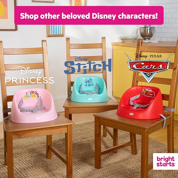 Bright Starts Disney Princess My Spot Easy-Clean Baby Booster Feeding Chair, 3-Point Harness, Washable Removable Straps, Pink