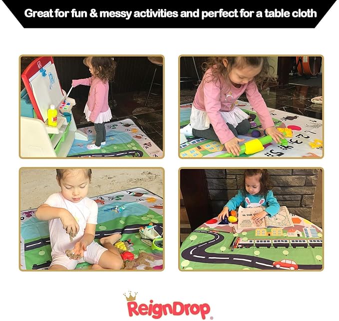 54" XL Splat Mat for Under High Chair- Creative Design for Art Floor Cover, Food Spills for Baby or Toddler. Non Slip, Waterproof, Machine Washable, Durable, Reusable (Fun and Educational)