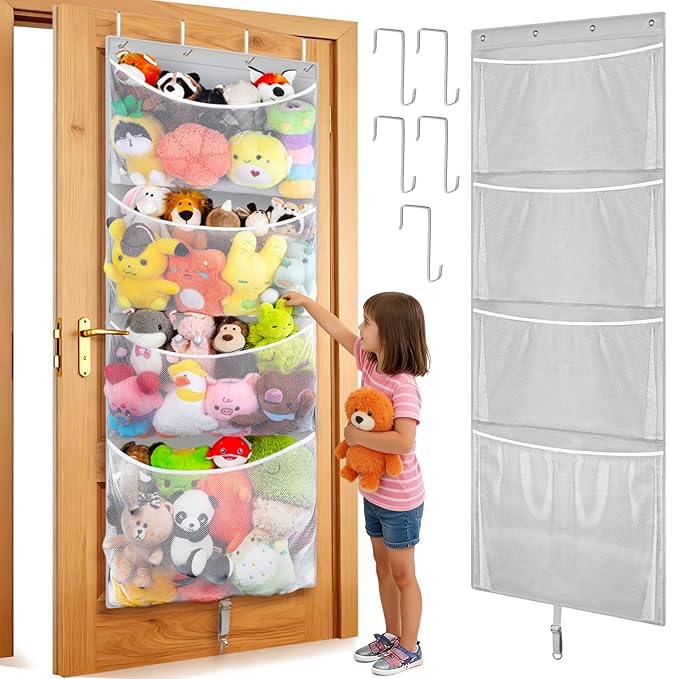 Woodoulogy Hanging Stuffed Animal Storage, Over Door Large Plush Toy Organizer with Metal Hook, Baby Accessory Holder Idea for Nursery, Doll & Bear Mesh Hammock Bag for Girl Boy Kid Room
