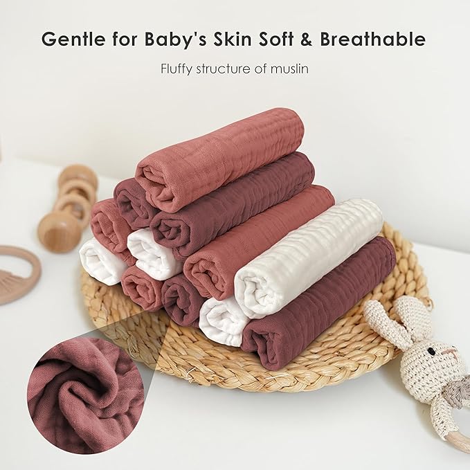 Muslin Burp Cloths for Baby 100% Cotton Burping Cloths for Unisex, Boy, Girl - Large 20'' by 10'' Newborn Essentials Ultra Soft Absorbent Milk Spit Up Rags - 12 Pack - White+Deep Bean Paste Series