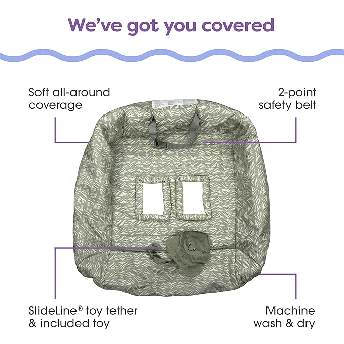 Boppy Shopping Cart Cover & High Chair Cover, Happy Green Leaf, Cart Cover for Babies with Soft 360-Degree Coverage, SlideLine Toy Tether with Crinkle Leaf Toy Included, 6mo+
