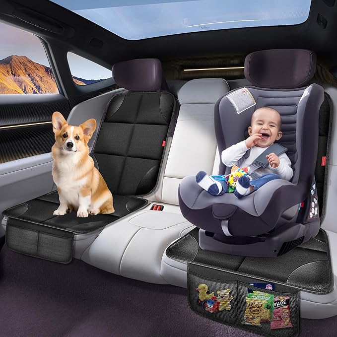 Car Seat Protector, Carseat Seat Protectors with Thick Padding and Upgraded Non-Slip Backing, Waterproof Seat Protector under Baby Car Seat, 600D Fabric Car Seat Covers with Storage Pockets for Baby
