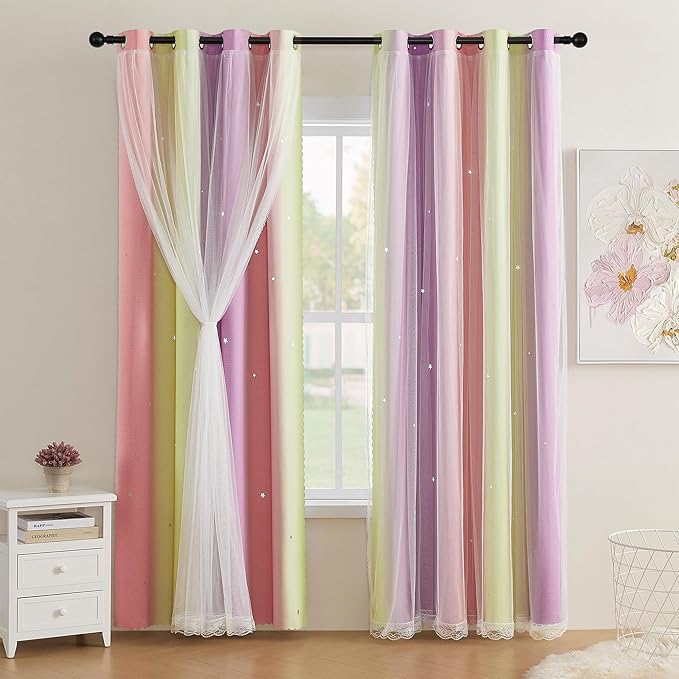 XiDi Yellow Curtains for Bedroom Decor Blackout Pink Curtains for Girl Kids Room Rainbow Unicorn Wall Decals Purple 52X84 Inch Long 1 Panel