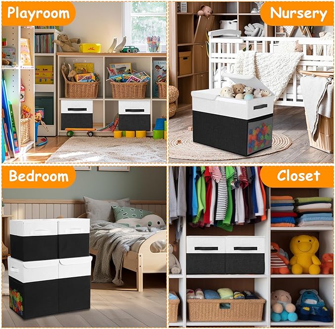 Fiwochic 3 Pack 23" Large Toy Storage Box with 11" Cubes Bins, Collapsible Toy Organizer Chest with Lids for Kids Nursery Playroom Bedroom Living Room Christmas Ornament Storage Box(Black White)