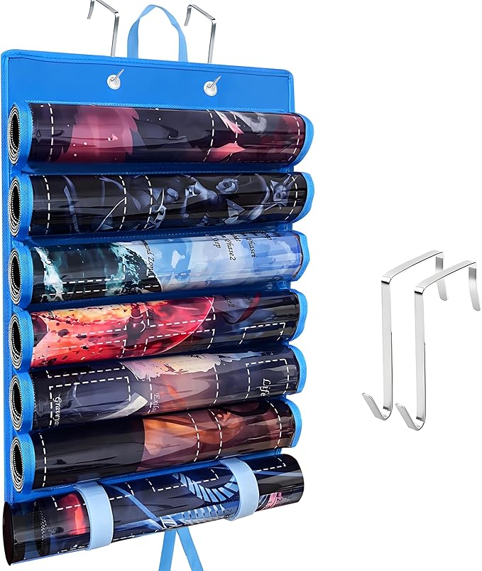 Playmat Holder, Playmat Tube Storage Bag for MTG with 2 Hooks, Fits 6+1 Game Mats & Tubes with Transparent Plastic Slots, Portable Organizer Case for TCG/RPG Mat (Blue)
