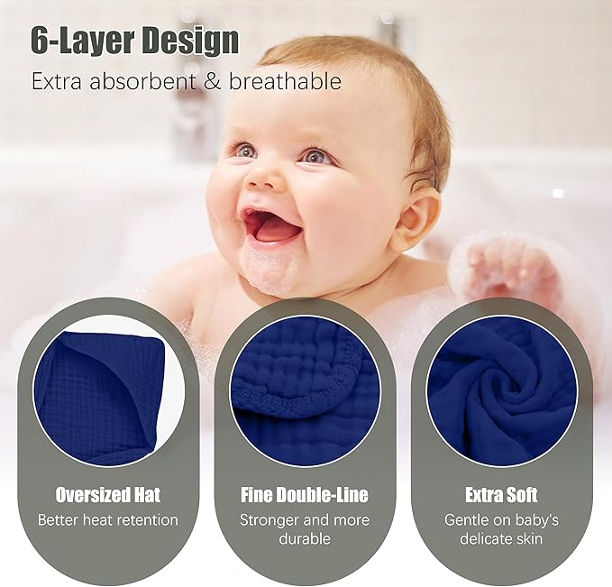 Spotted Play 2 Pack Hooded Baby Towels - 100% Muslin Cotton for Newborns, Infants, Toddlers - Large 32x32 Inch Size - Highly Absorbent and Essential for Newborn Care, Deep Navy