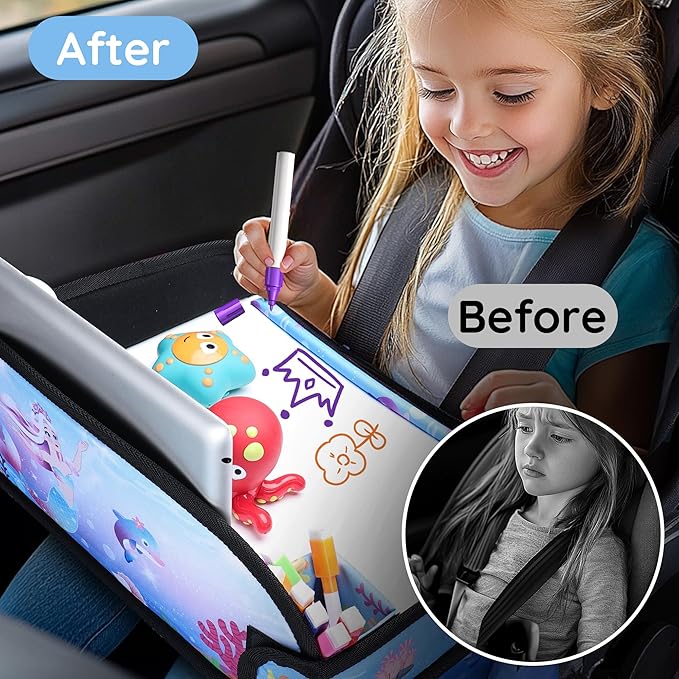 Kids Travel Tray for Car Seat, Road Trip Essentials for Toddler, Carseat Lap Tray with Dry Erase Board & Storage Organizer for Activities, Bluish Violet