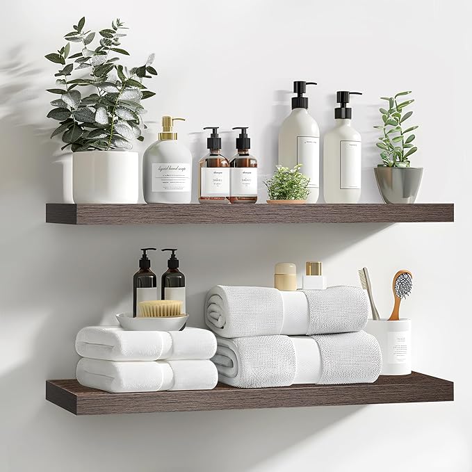 LaVie Home Floating Shelves, 24 Inch Wall Shelf Set of 2, Hanging Shelf with Invisible Brackets, Wall Decor for Bathroom, Bedroom, Living Room, Kitchen Storage, Rustic Brown
