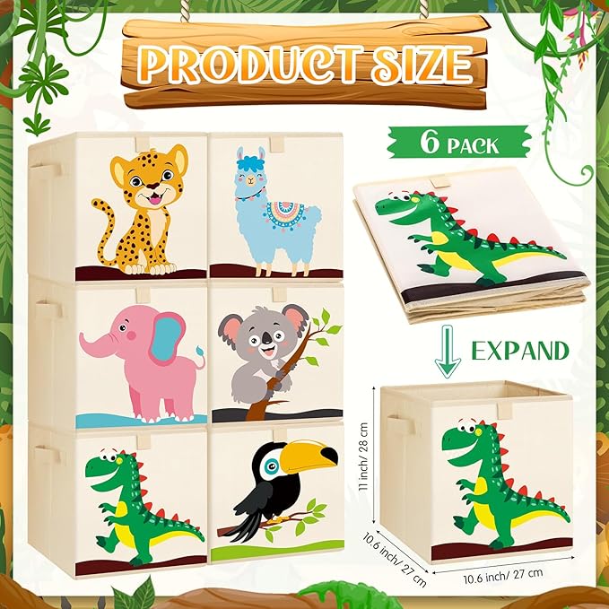 Kigley 6 Pcs Collapsible Cube Storage Bins Kids Foldable Storage Cube Organizer Fabric Toy Box Decorative Kids with Handles for Home Nursery Bedroom, 10.6 x 10.6 Inch(Classic Animal)