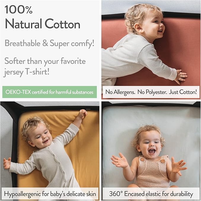 Joey + Joan Travel Crib Fitted Sheets for Baby Bjorn, Guava Lotus Travel Crib and 24 x 42 Inch Travel Light Playard Mattress – Snuggly Soft 100% Jersey Cotton – Cream + Brown – 2 Pack