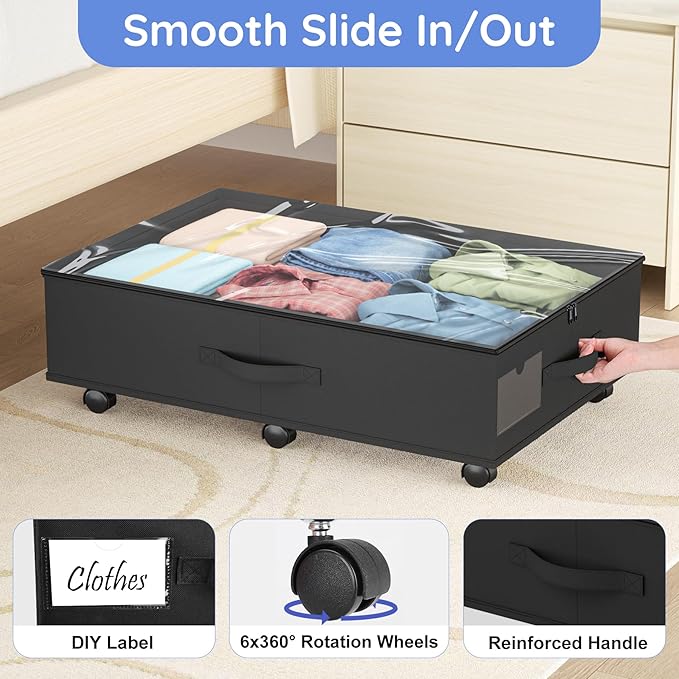 UTOLOVE Under Bed Storage with Wheels, 2-Pack Under Bed Storage Containers with Clear Lids, Under the Beds Storage Organizer Bins With Handles, Under Bed Drawer for Clothes, Shoes, Books, Toys