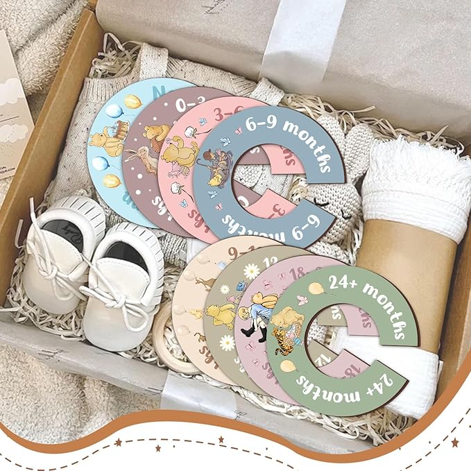 8Pcs Winnie Baby Closet Dividers, Colorful Round Baby Clothes Dividers for Closet, Newborn Baby Stuff for Baby Boys Girls, Wooden Double-Sided Baby Hanger Organizer from Newborn to Toddler
