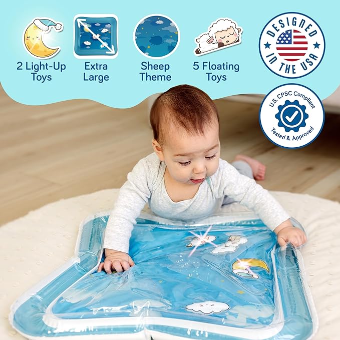 SplashEZ Lights Up Tummy Time Water Mat for Babies, Large Baby Water Mat Tummy Time for Sensory Play with LED Glowing Fishes, Inflatable Fun Play Pad for Infants & Toddlers 3 to 36 mo