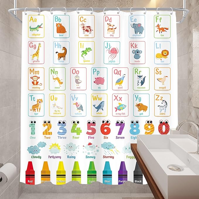 Alphabet ABC Kids Shower Curtain 72Wx72H Colorful Cartoon Children Animal Cute Educational Number Learning Bathroom Curtain Set Nursery Baby Boys Girls Fabric Bathroom Decor with 12 Hooks