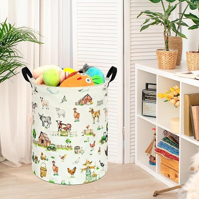 Farm Pattern 19.7 Inch Round Laundry Clothes Hamper Laundry Basket with Handles,Storage Organizer Bins Laundry Gift Basket for Room, Bedroom Decor
