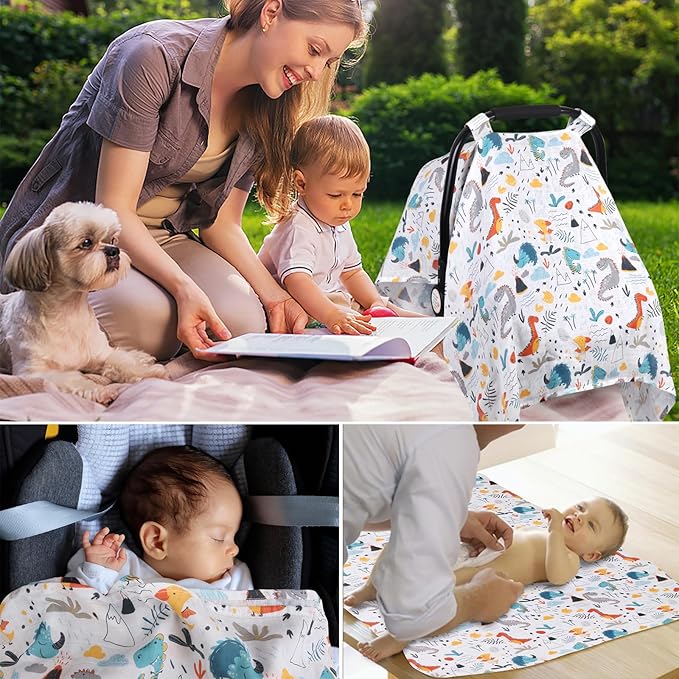 Metplus Car Seat Cover Baby boy, 100% Muslin Cotton Infant Carseat Covers, Lightweight Breathable Car Seat Canopy, Summer Stroller Sun Shade, Newborn Travel Essentials(Dinosaur Party)