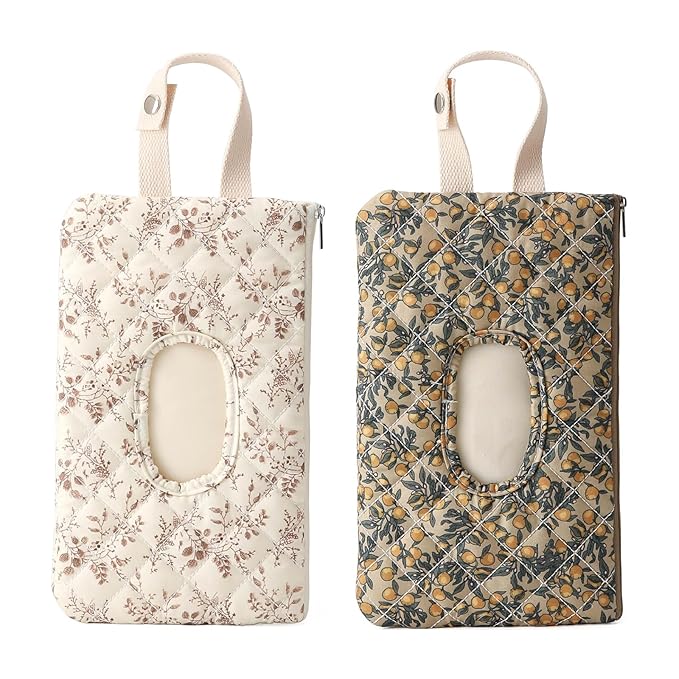 Quilted Baby Wipe Holder Quilted Wipe Pouch Portable Hanging Floral Wet Wipes Bag for Car, Stroller