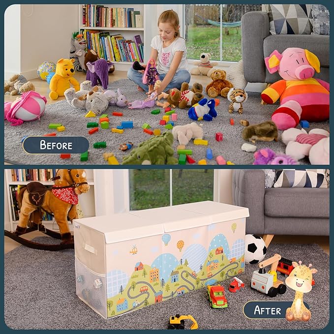 SoftOwl Extra Large Toy Storage Organizer with Lid - Sturdy, Collapsible Toy Chest Storage Box with Cute Design - Toys Bin with Dividers for Kids, Boys, Girls, Nursery, Bedroom, Play room 37"x16"x14"