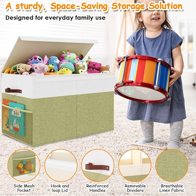 Fineonly Large Toy Storage Box with Lid Upgraded Toy Storage Chest Organizer with Divider Foldable Toy Bin for Kids Boys Girls Playroom Nursery Bedroom (25"x13"x16")