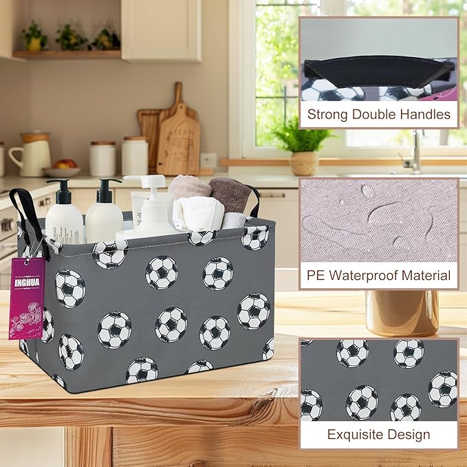 INGHUA Rectangular Storage Basket Fabric Organizer Bin for Toys,Books,Clothes,Gifts,Pets-Perfect for Home,Office,Nursery,Dorm,Shelf(Rec-grey football )