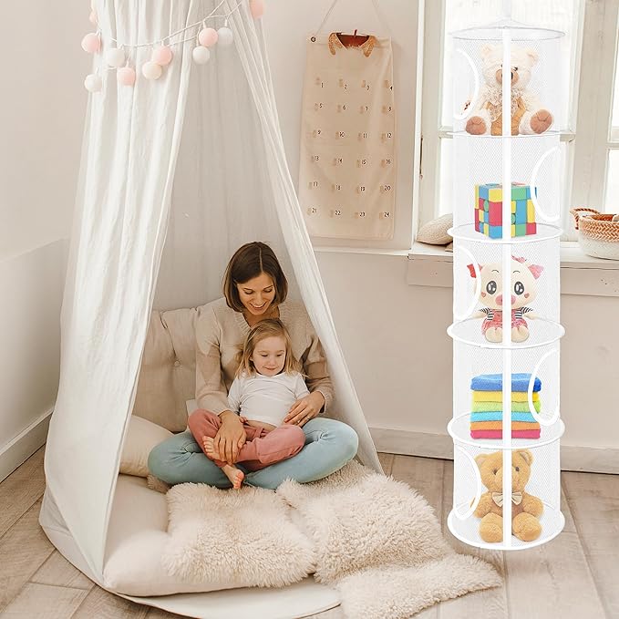 Libeder Mesh Hanging Storage Space Saver Bags Organizer,Foldable Storage Organizer 5 Compartments Toy Storage Basket for Kids Room Bathroom 2 Sets, White