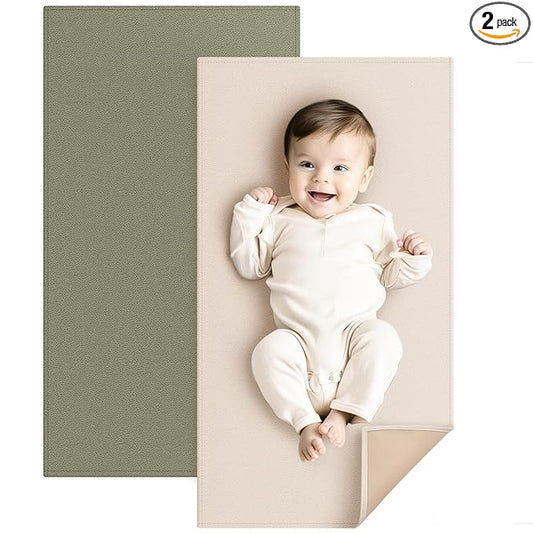 Konssy Faux Leather Baby Changing Mat, Waterproof, Wipeable & Portable Diaper Changing Pad for Travel or Home, Fits Perfectly in Diaper Bag, 30 x 17 inches (Fog Green,Beige)