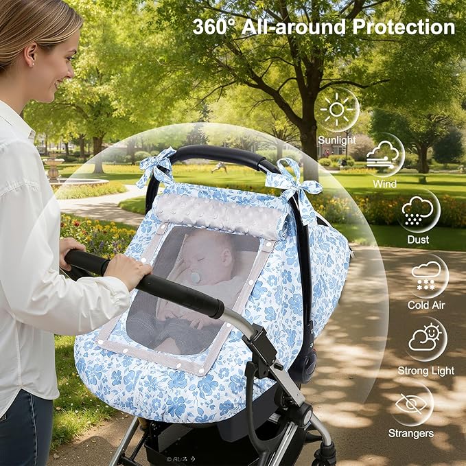 FIOBEE Baby Car Seat Cover, Car Seat Covers for Babies Infant Car Seat Canopy with Breathable Mesh Window Waterproof Carseat Cover for Babies Boy Girl 4 Seasons, Ice Blue Floral