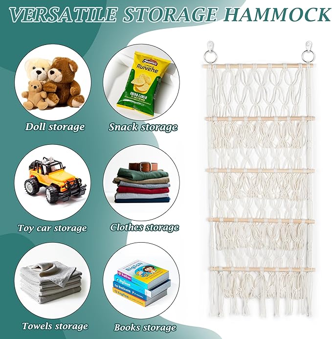 42 Cm Wide Gray Over The Door Macrame Organizer—Plush Toy Storage Net, Ideal For Plush Toys And Dolls/Easy-To-Install Stuffed Animal Hammock