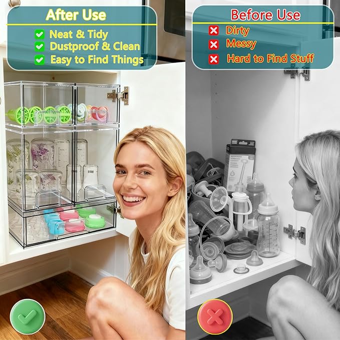 Azorteja Baby Bottle Organizer for Countertop, 5Pack Stackable Baby Organizers and Storage for Bottles, Clear Acrylic Container with Drawer for Kitchen, Cabinet, Vanity, Bathroom, Pantry Organization