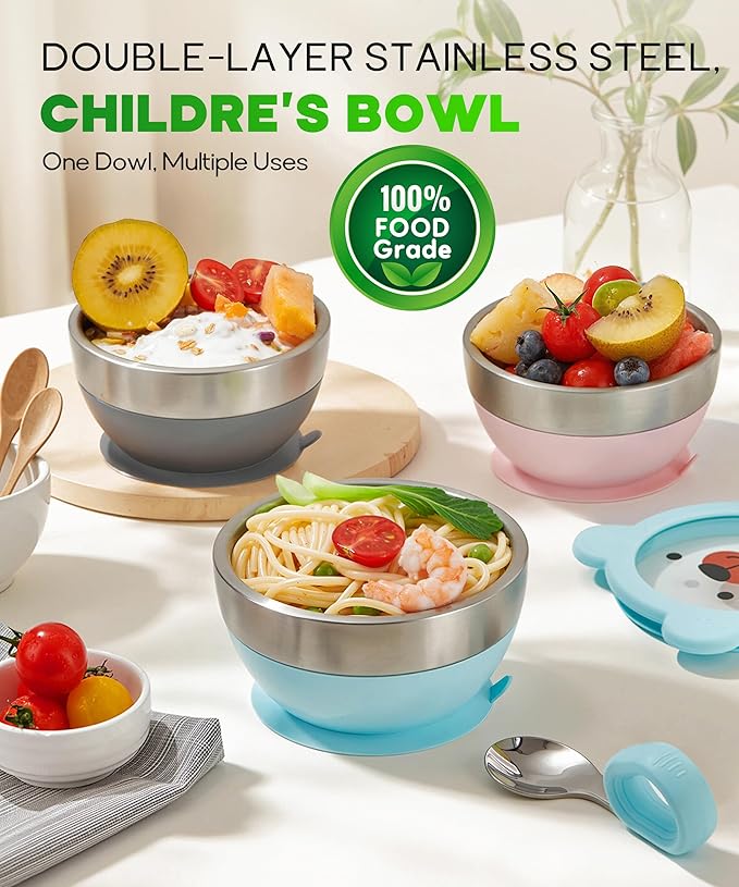 Suction Bowl and Spoon Set for Babies and Toddlers Non-Slip Silicone Suction Cups, Advanced 304 Stainless Steel Bowls, Double-Layer Insulation, and BPA-Free Lids Food-Grade Safety BLUE
