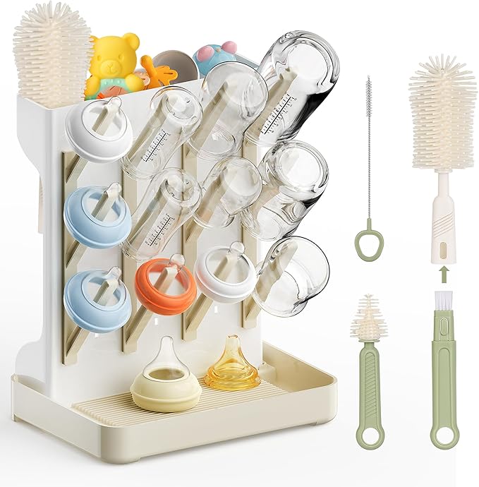 Viddett Superior Vertical Baby Bottle Drying Rack with 4-Pack Brush Set: Space-Saving Countertop Drying Rack - BPA-Free Baby Accessories Storage Stand Organizing Brushes & Pacifiers - Warm Beige