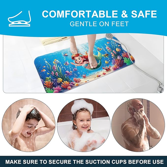 XIYUNTE Baby Bath Mat for Tub Non Slip Kids Bath Mat - 40''x16'' Extra Long Cartoon Turtle Baby Bath Tub Mat Eco-Friendly Toddler Bath Mats with Suction Cups & Drain Holes, Easy to Clean & Easy Drying