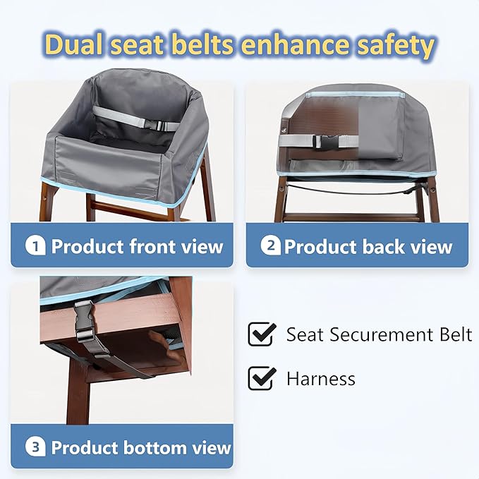 SANQOUYTT Reusable Waterproof High Chair Cover,for Wooden or Restaurant High Chair, Protect Against Messy Meals and Dirty,Dual-Belt Baby High Chair Cover,Waterproof and Washable,Gray