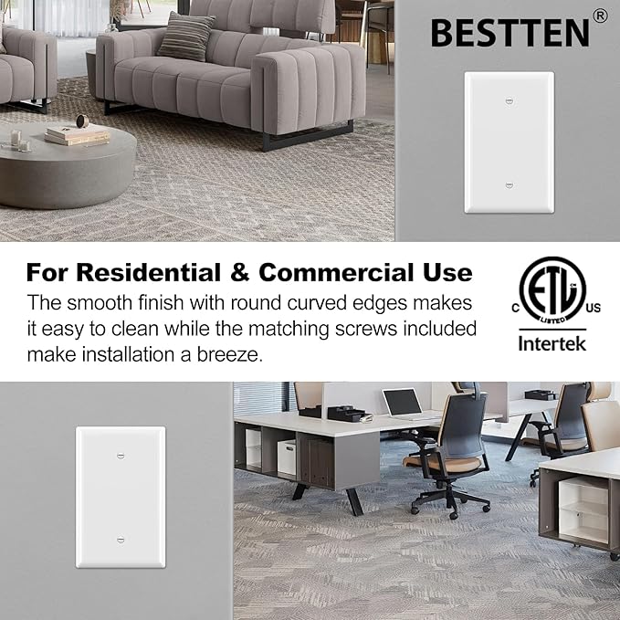BESTTEN 10 Pack 1-Gang Oversized Blank Wall Plate, Unbreakable Polycarbonate Receptacle Outlet Cover, Gloss Finish, White, ETL Listed