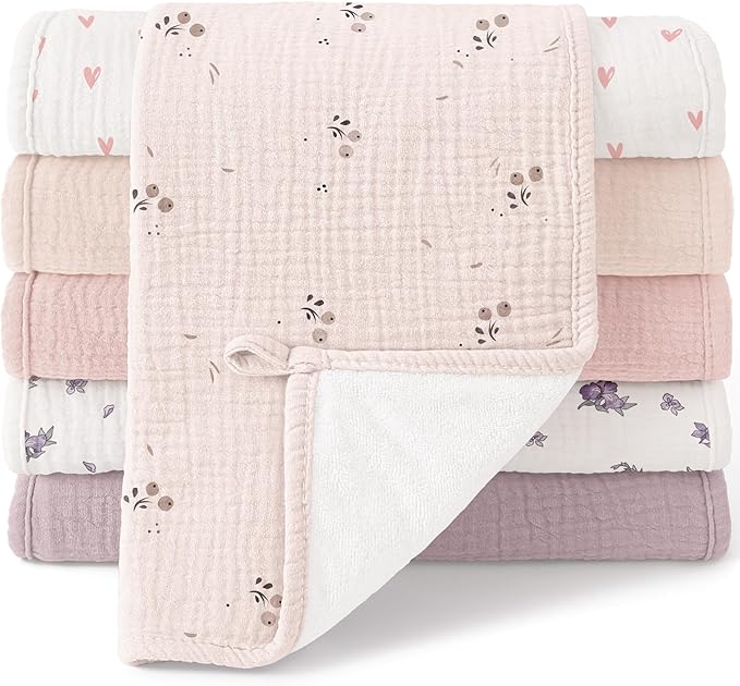 Bearmoss Muslin Burp Cloths, 100% Cotton Baby Burping Clothes, Large Extra Soft Absorbent for Unisex Newborn Boy and Girl, 20x10in, 6 Pack, Pink Print