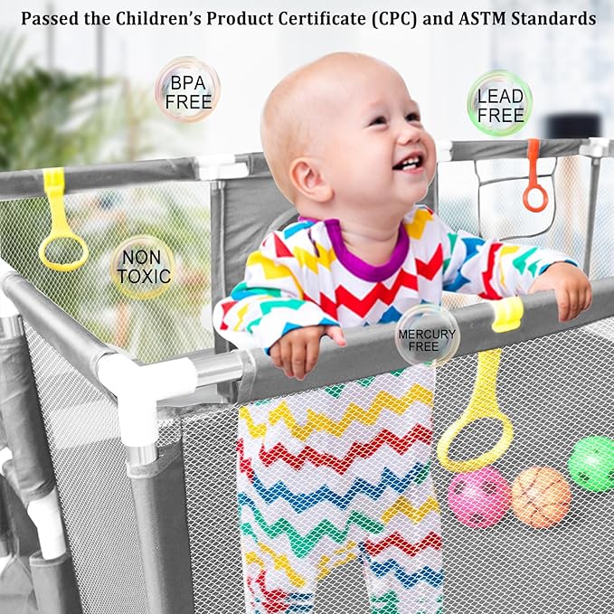 74"×50" Large Playpen for Babies and Toddlers, Kids Playyard with Basketball Hoop & Football Nets, Comes with a Storage Carry Bag, Pull Up Rings, Sturdy Safety Play Pen w/Soft Breathable Mesh (Grey)