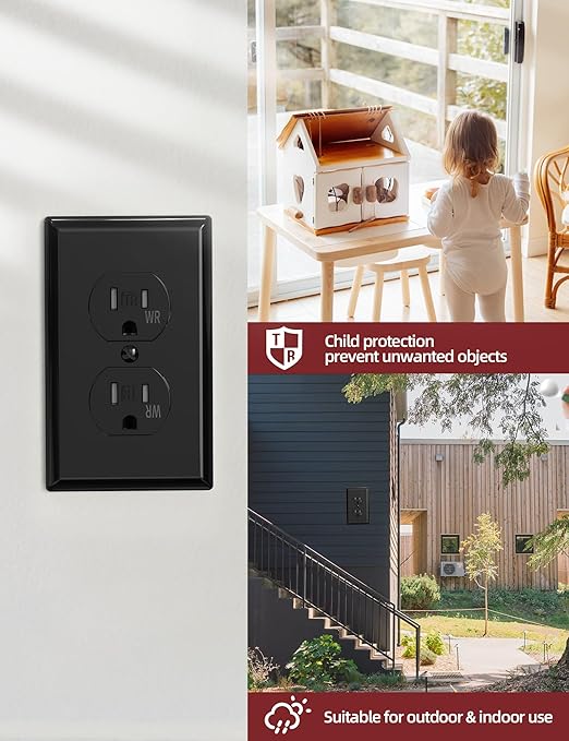 AIDA Duplex Receptacle Outlet, 15Amp 125V Wall Outlet, Tamper Resistant & Weather Resistance Outlets,Residential, 3-Wire, Self-Grounding, Wall Plate Included, UL Listed, Black (50 Pack)