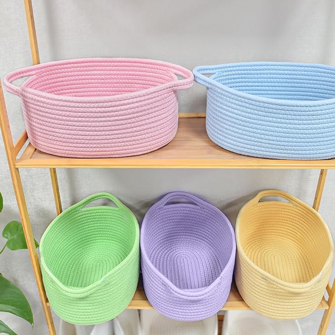 ABenkle Small Basket, 12"x 8" x 5" Cute Small Woven Basket, Rope Room Shelf Storage Basket, Cat Dog Toys Basket Chest Box, Decorative Empty Gift Basket with Handles - All PInk
