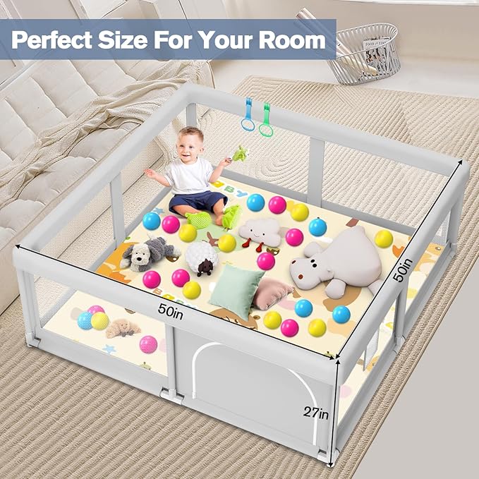 Baby Playpen with Mat, 50 x 50 inch, PlayPen for Babies and Toddlers, Sturdy Safety Play Pen with Soft Breathable Mesh (Ball and Pull Rings Included)