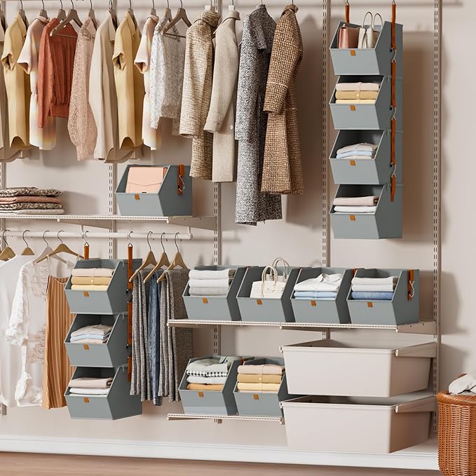 Homsorout Hanging Closet Organizer 4 Tier - Clothes Hanging Shelves, Space-Saving Closet System, Fabric Storage Bins Bedroom Organization, Collapsible Baskets for Home, Dorm, Rv, Grey, 2 Pack