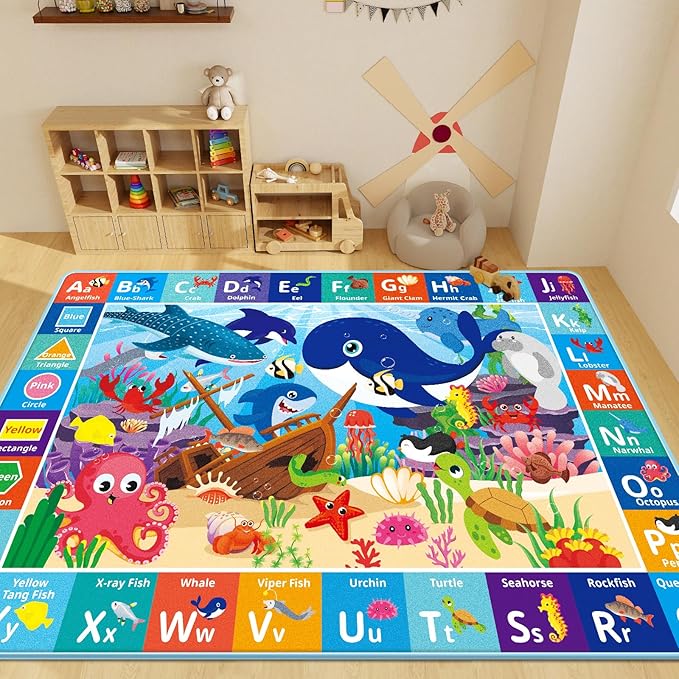 Baby Play Mat for Floor, ABC Kids Play Mat, Sea Animals Kids Rugs for Girls and Boys Playroom, Foldable Rug for Baby Toddler Infants Crawling Playing (Blue, 110.2X78.7 INCH)