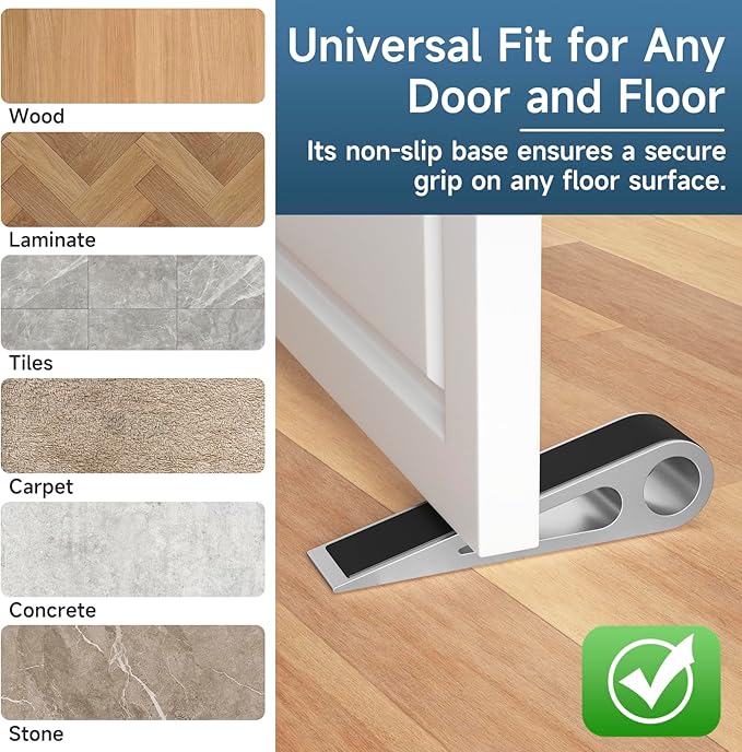 Heavy Duty Door Stopper for Bottom of Door, Aluminum & Rubber Door Stop Wedge- Keep Doors Open in Home, Apartment, Office, Hotel, 4.92L*1.02W*1.22H Inch, Silver
