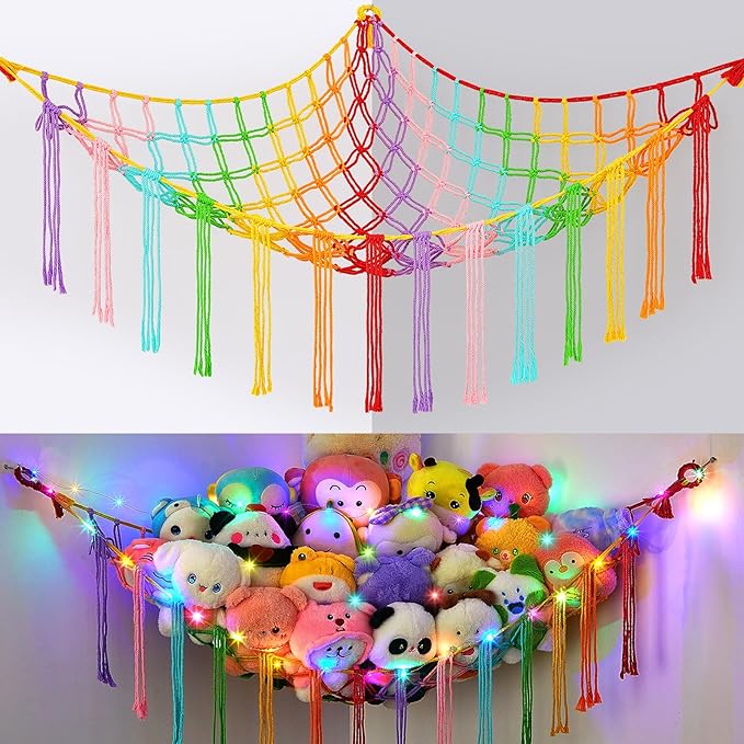 Basumee Stuffed Animals Net or Hammock with LED Light, Hanging Stuffed Animals Storage Toy Hammock Net Corner Wall Girls Room Decor Toy Storage Organizer, Rainbow, L