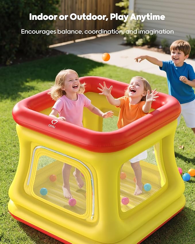 QPAU 3-in-1 Inflatable Bounce House for Toddlers 1-3, Ball Pit & Trampoline, Inflatable Bouncy House with Pump, Safety Net, Indoor & Outdoor Bubble Bouncer Baby Play Yard