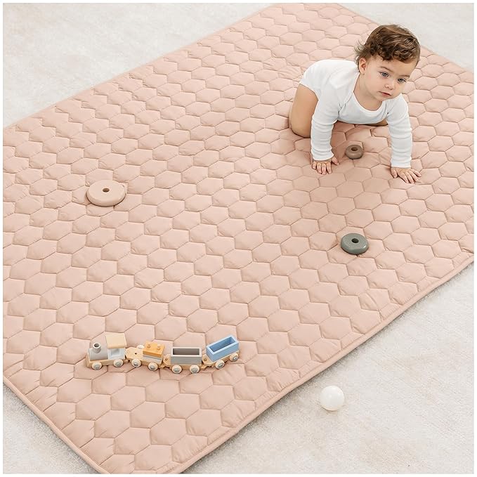 Comfy Cubs Rectangle Kids Play Mat - Medium 48 x 72 inches Soft Quilted Baby Floor Mat with Non-Slip Bottom - Plush Design for Toddlers Playtime - Comfortable and Durable - Blush