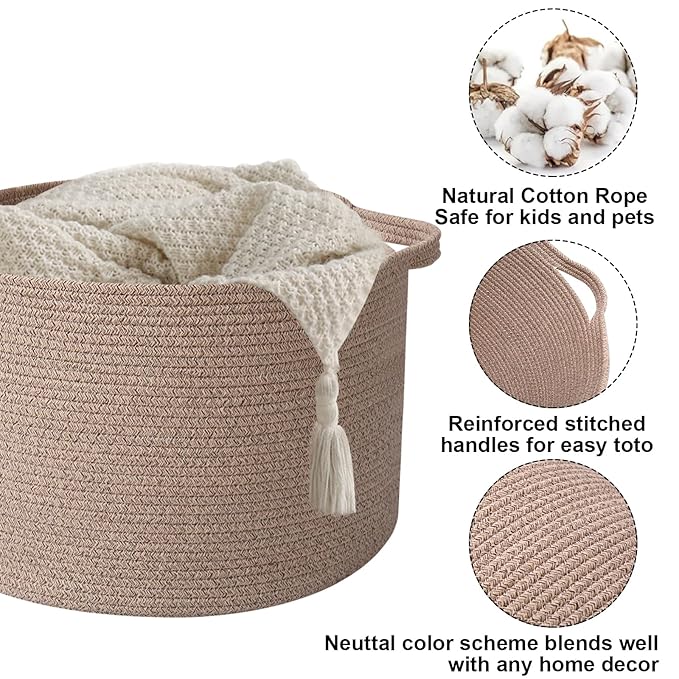Large Storage Basket with Handle,19.7" L x 19.7" W x 13" H Blanket Basket Storage Bins for Organizing,65L Cotton Rope Woven Baskets for Living Room, Nursery,Bedroom,Brown