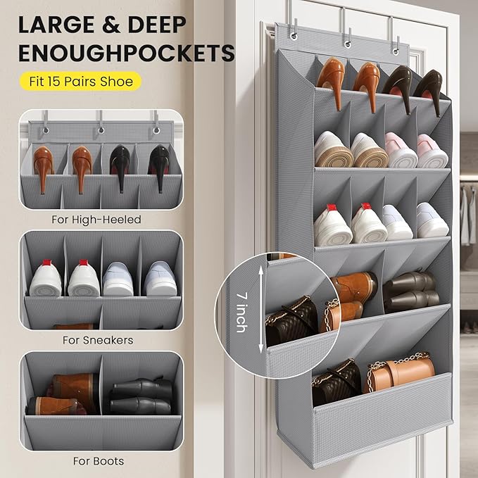 Mefirt Over the Door Shoe Rack with Large Deep Pockets, Door Shoes Organizer for Closet, Hanging Boots Shoe Rack, Behind the Door Narrow Shoe Holder, Multiple Pockets for Flexible Storage, Grey ﻿